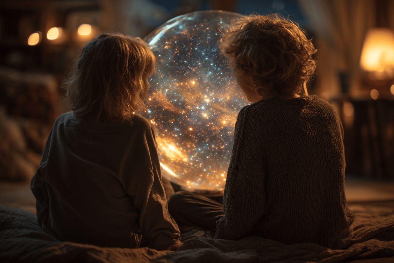 Personnes regardant une sph&egrave;re lumineuse repr&eacute;sentant les &eacute;toiles