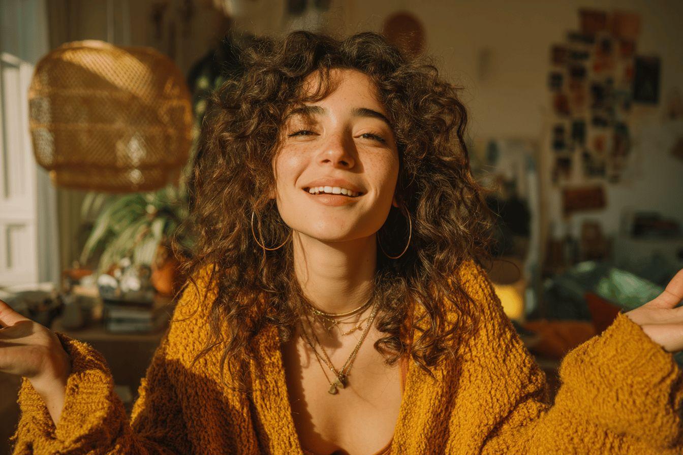 Femme souriante aux cheveux boucl&eacute;s dans un pull jaune chaud