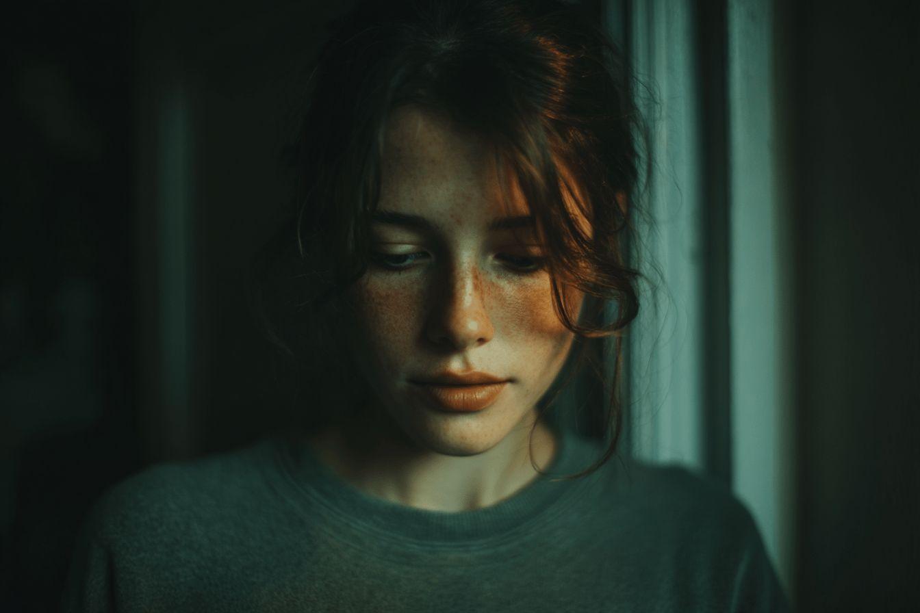 Portrait de femme pensive, visage d&eacute;tourn&eacute;, lumi&egrave;re vert &eacute;meraude