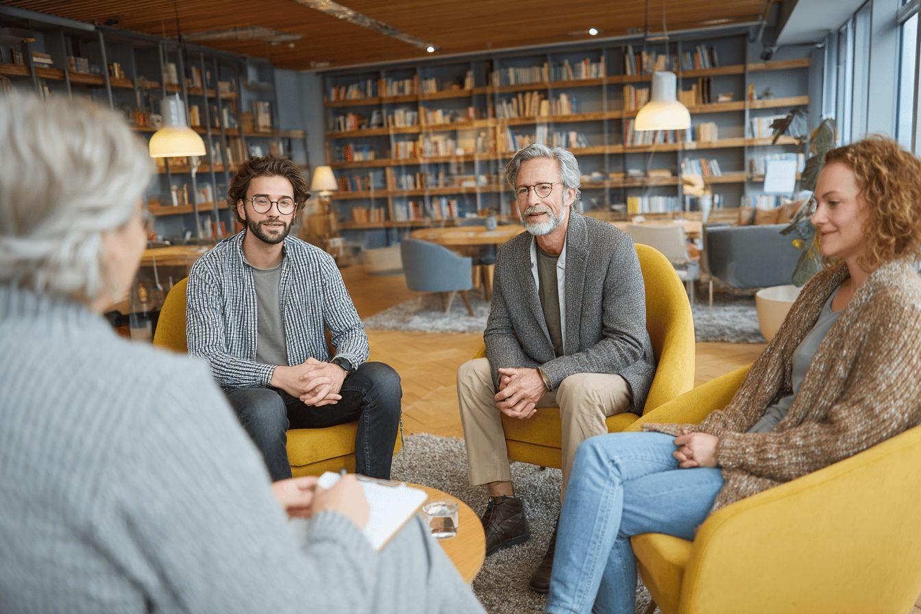 Quatre personnes discutant dans des fauteuils jaunes entourés de livres