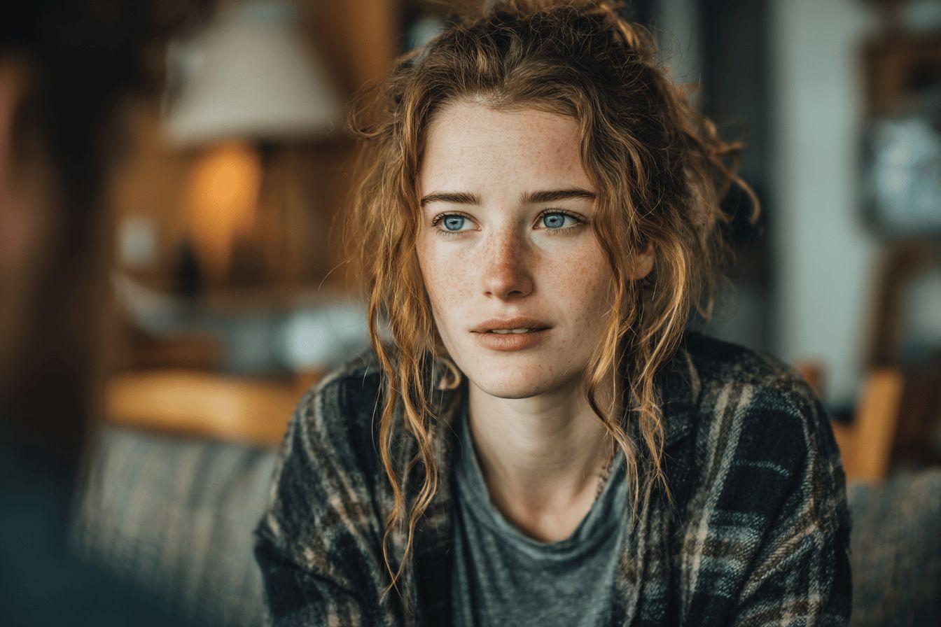 Portrait d'une jeune femme aux cheveux bouclés, pensive et mélancolique