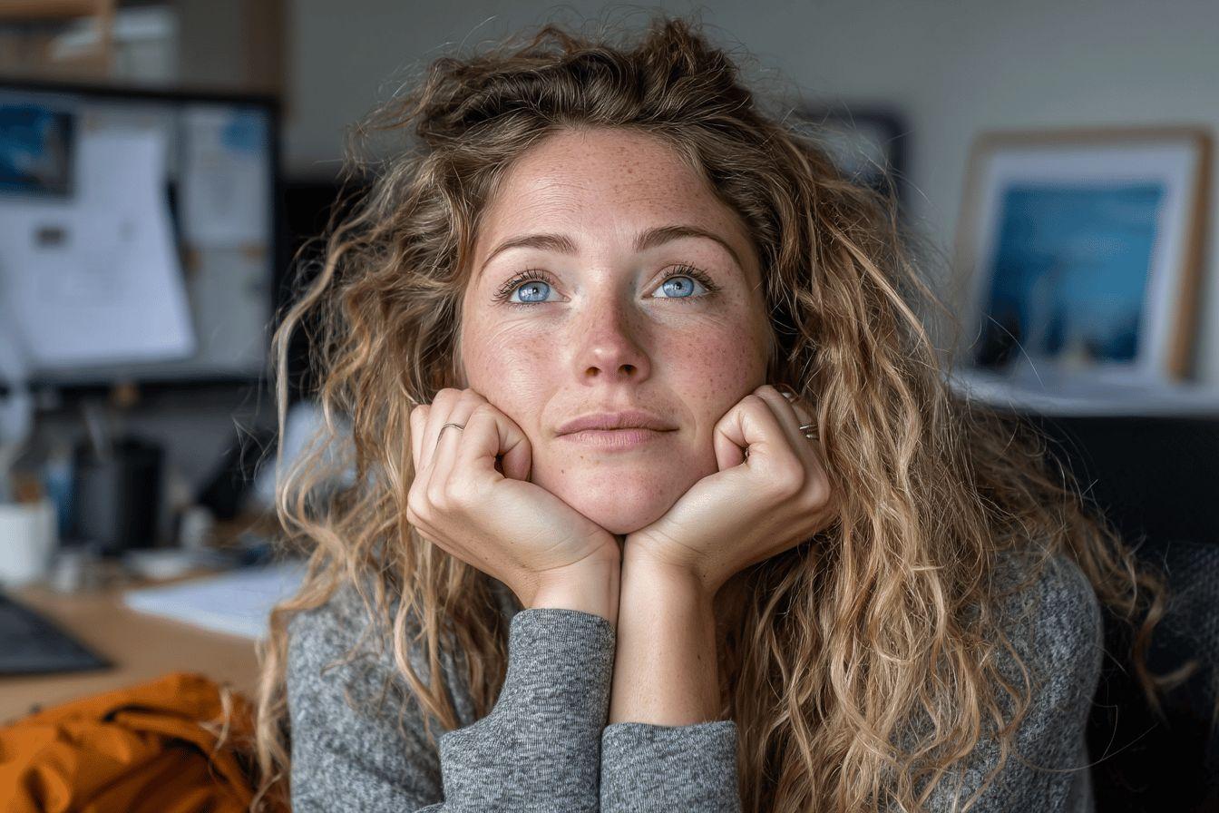 Jeune femme aux cheveux boucl&eacute;s, l'air pensif, accoud&eacute;e