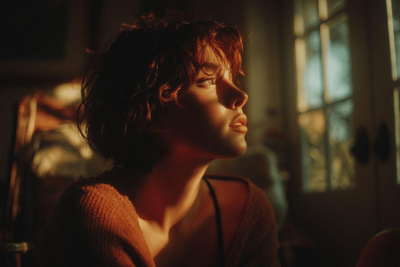Femme aux cheveux boucl&eacute;s, regard pensif pr&egrave;s d'une fen&ecirc;tre