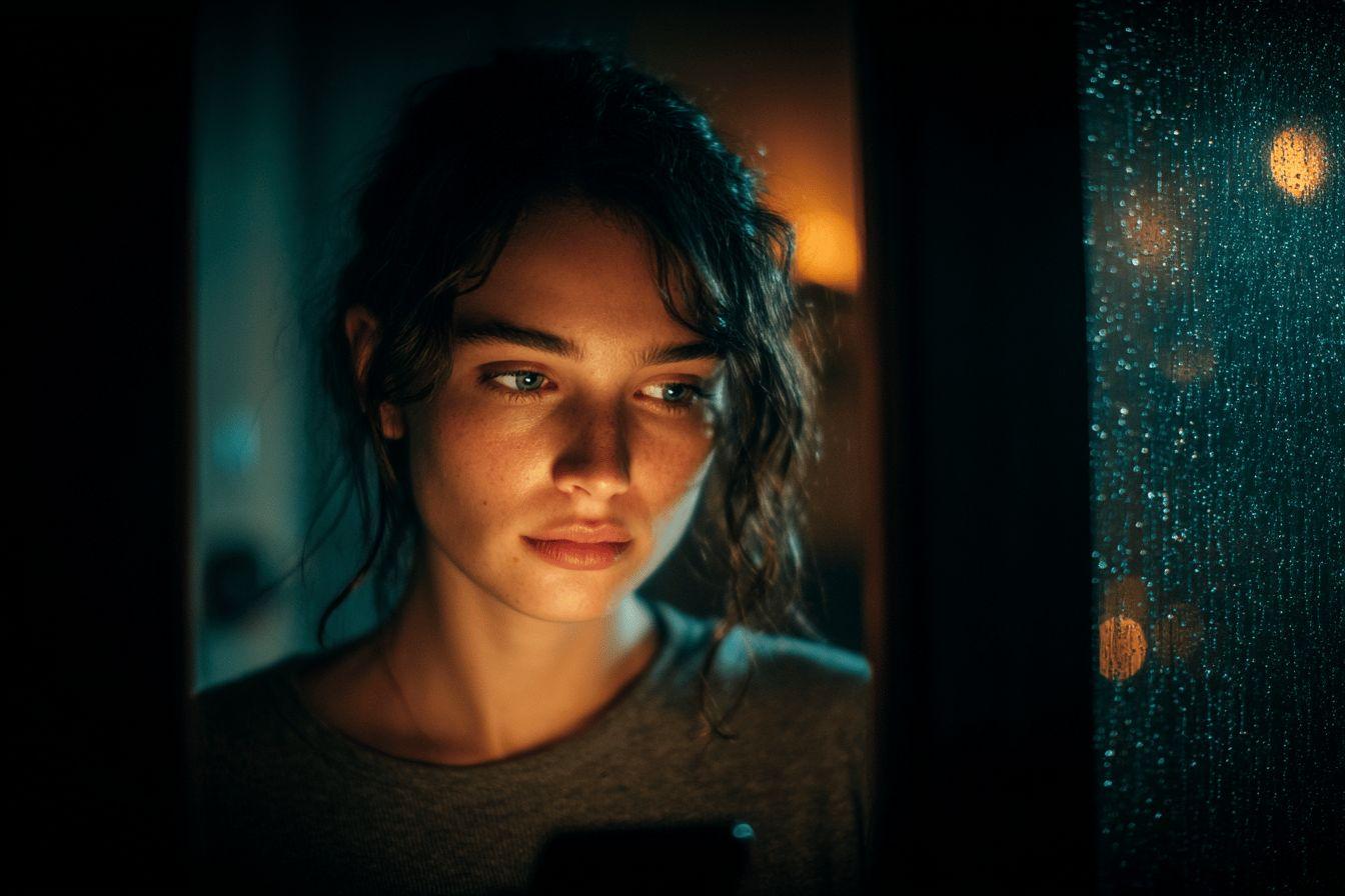 Femme pensive pr&egrave;s d'une fen&ecirc;tre aux reflets lumineux