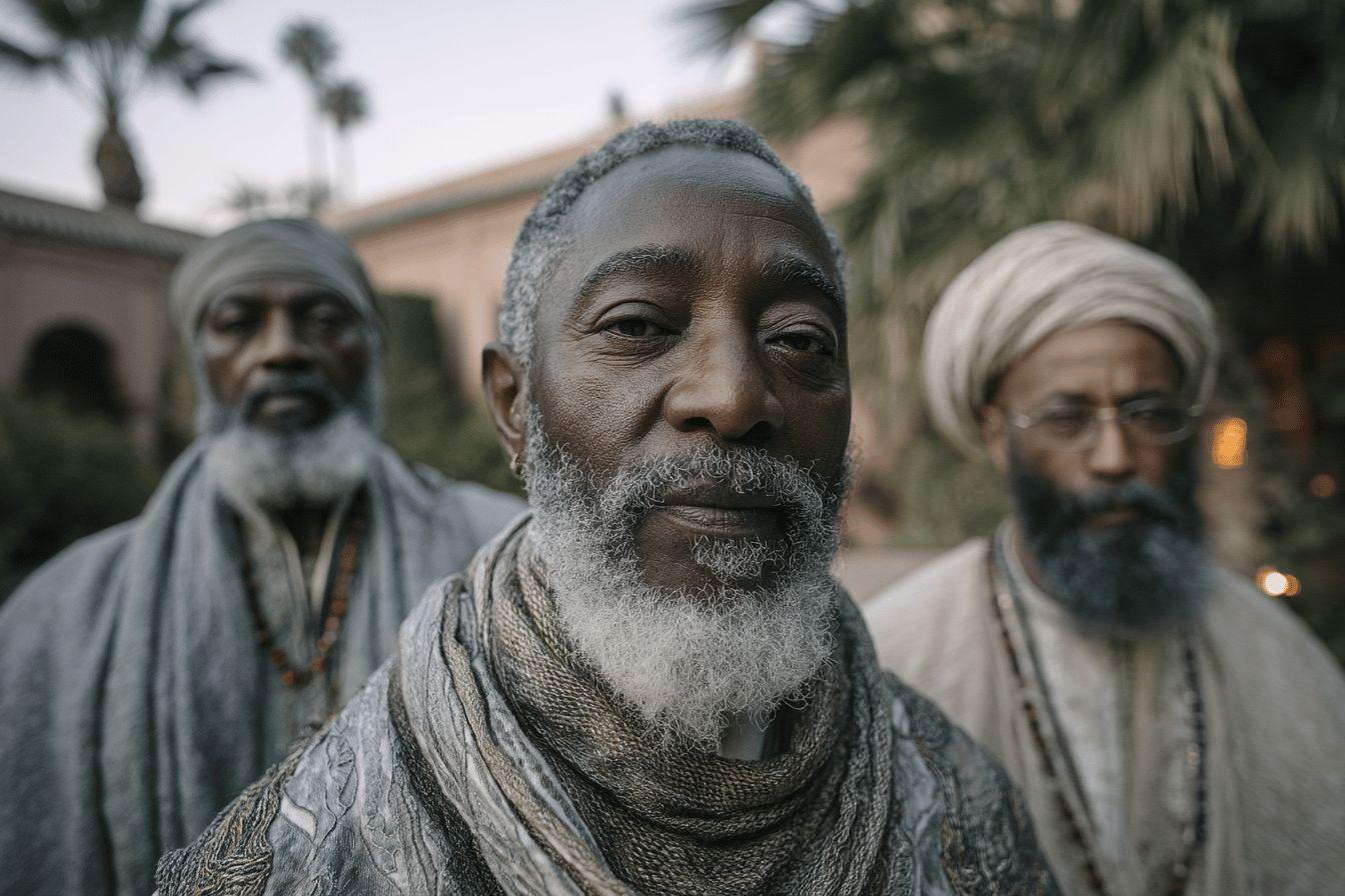 Hommes &acirc;g&eacute;s en tenues traditionnelles, regards contemplateurs