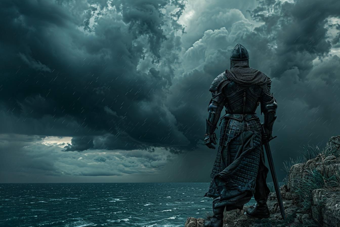 Un chevalier en armure noire se tient debout face à une mer déchaînée sous un ciel d'orage
