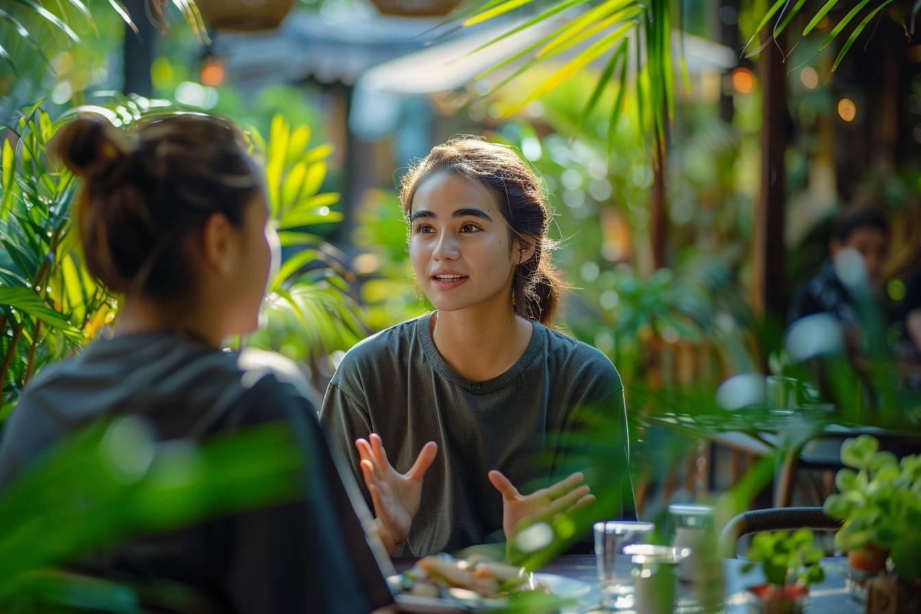 Deux jeunes femmes discutant joyeusement dans un jardin tropical