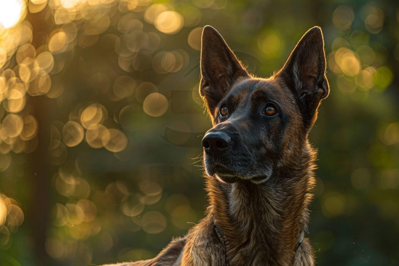 Un chien berger allemand noir au regard attentif et éveillé dans un cadre verdoyant.