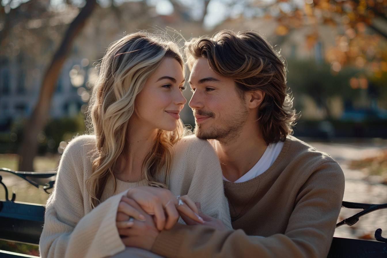 Deux jeunes amoureux se regardent affectueusement dans un parc automnal.