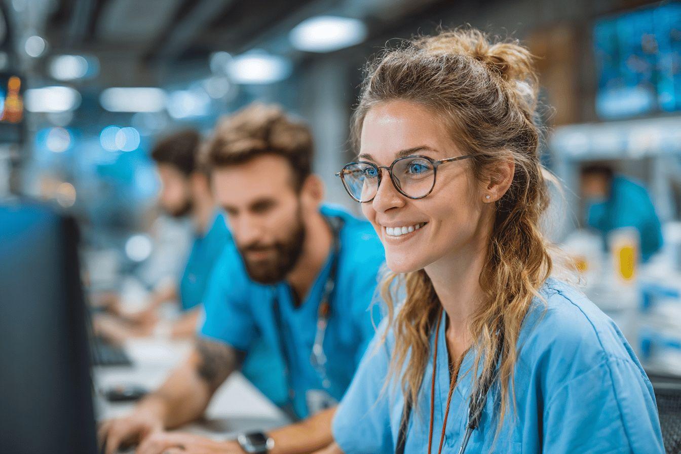 Femme en blouse bleue, lunettes, souriant dans un environnement m&eacute;dical