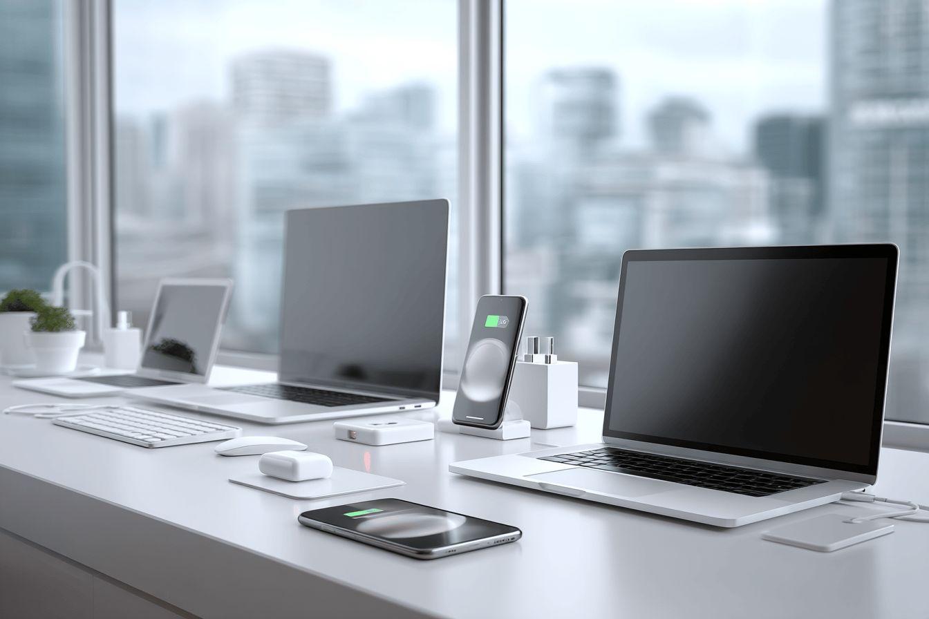 Bureau blanc avec ordinateurs, téléphones et chargeurs près de fenêtre