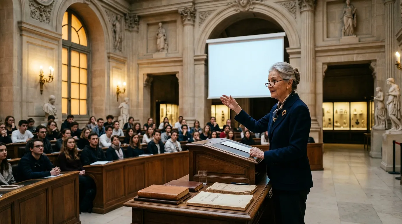 Femme âgée donnant une conférence devant un amphithéâtre rempli