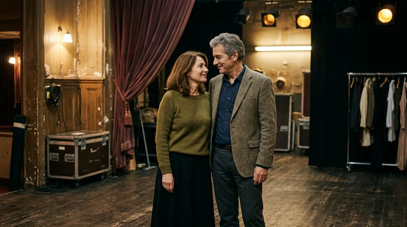 Deux personnes se regardent dans les coulisses d'un théâtre.