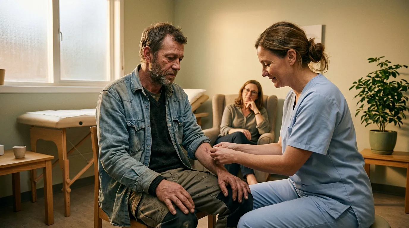 Infirmière examine patient lors séance thérapie groupe