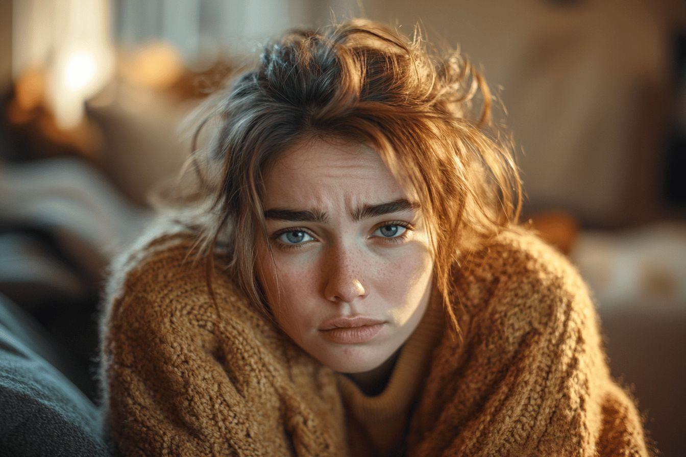 Jeune personne pensive, envelopp&eacute;e dans un pull moelleux dor&eacute;