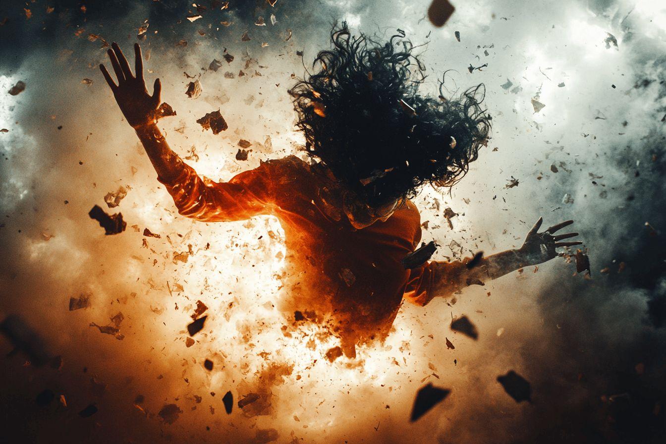 Silhouette en feu entour&eacute;e de d&eacute;bris dans une d&eacute;flagration