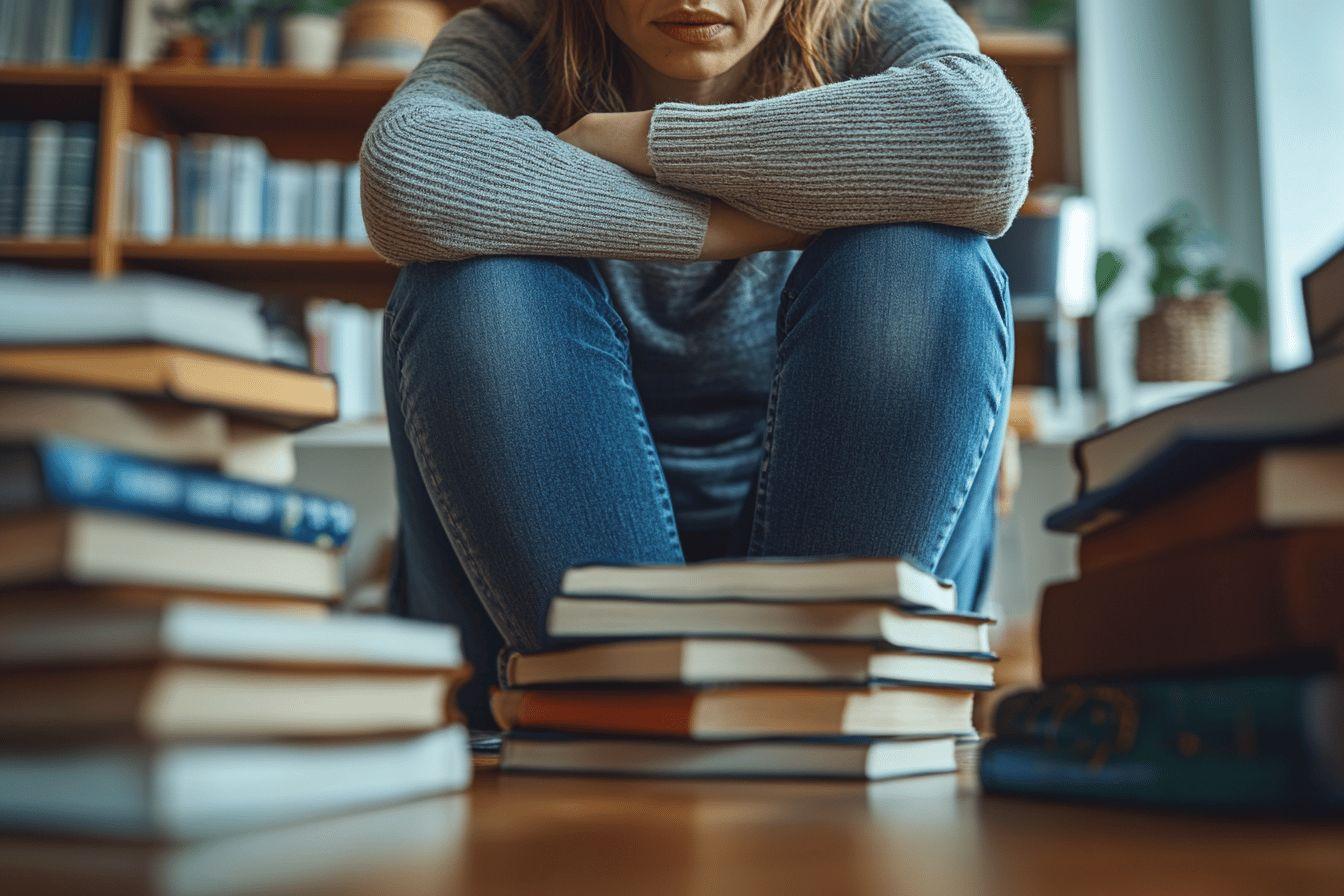 Personne fatigu&eacute;e entour&eacute;e de livres, assise par terre