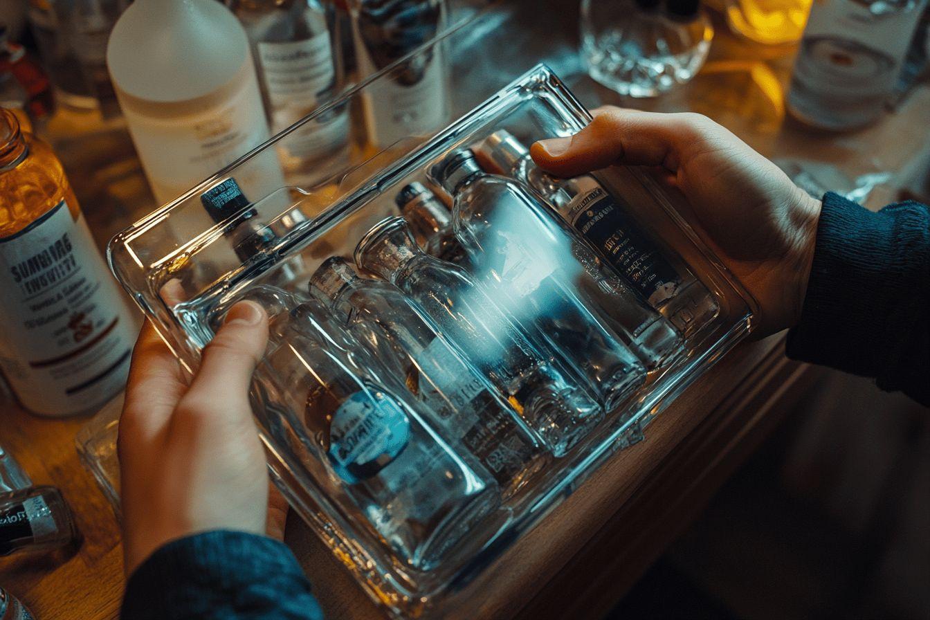 Collection de bouteilles de liqueur alignées dans un présentoir en verre