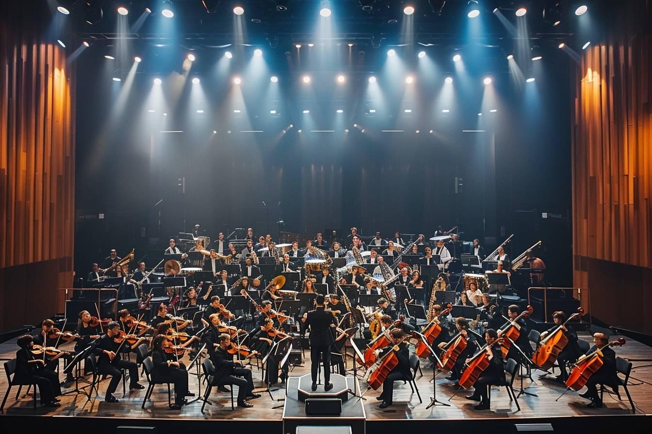 Image d'un grand orchestre symphonique jouant sur scène sous les lumières.