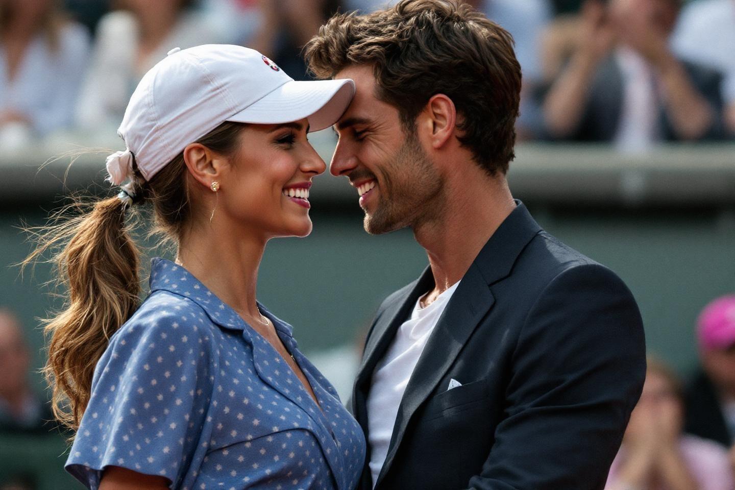 Couple souriant, lui en costume, elle en bleu &agrave; pois