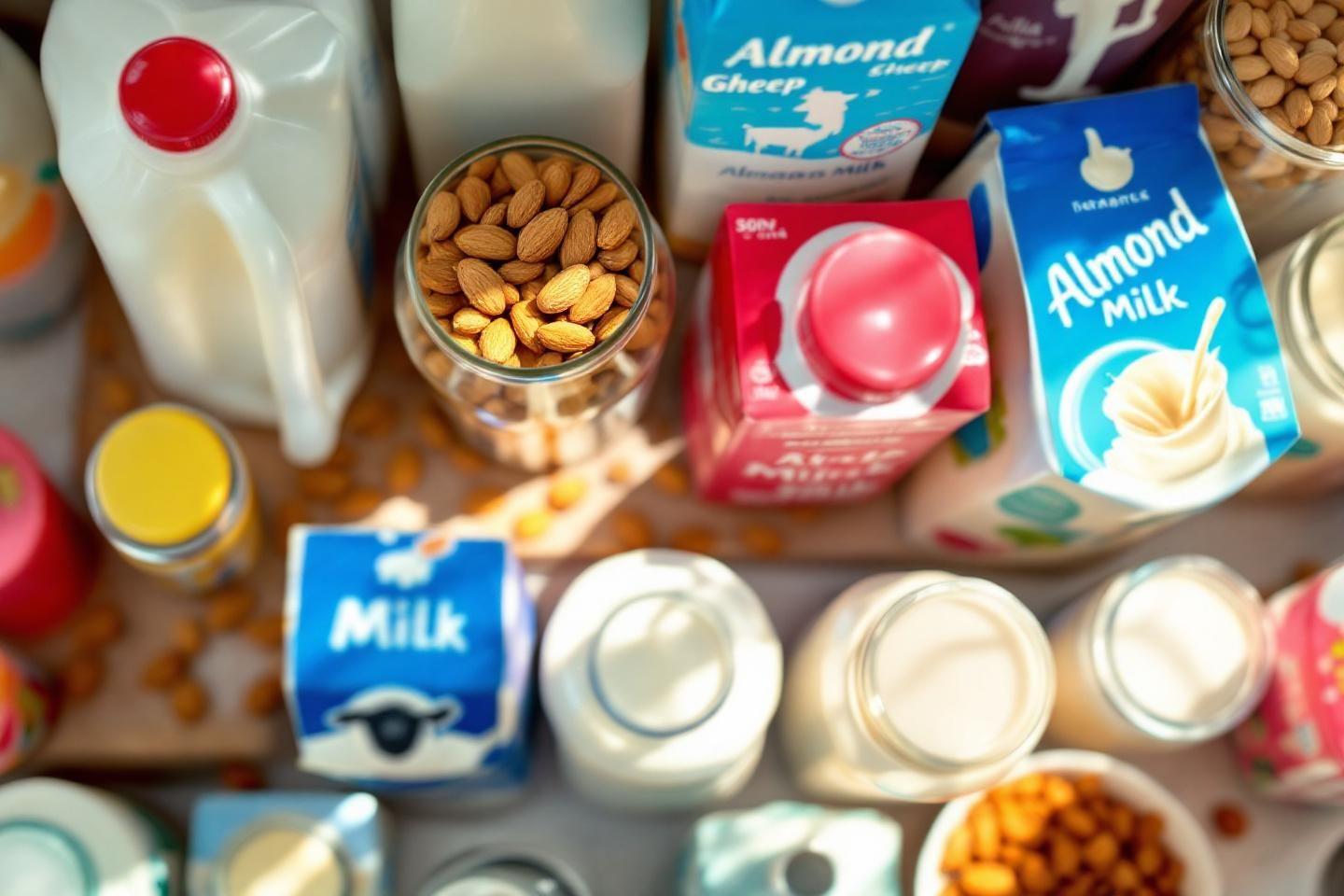 Vari&eacute;t&eacute; de bouteilles de lait, bo&icirc;tes et amandes sur une surface