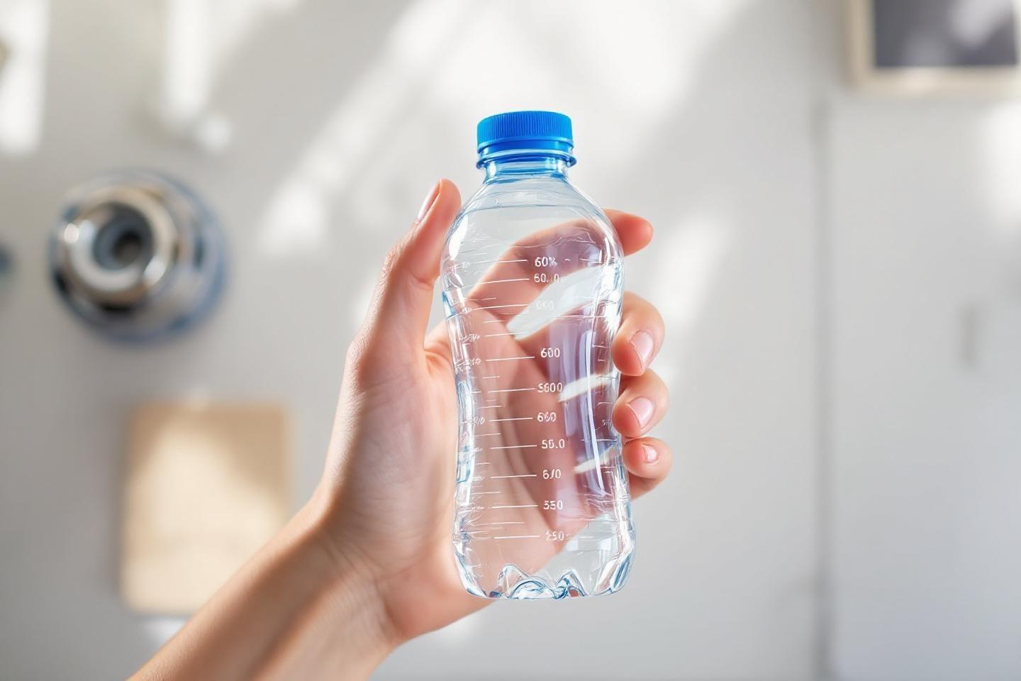 Bouteille d'eau transparente avec graduations, tenue par une main