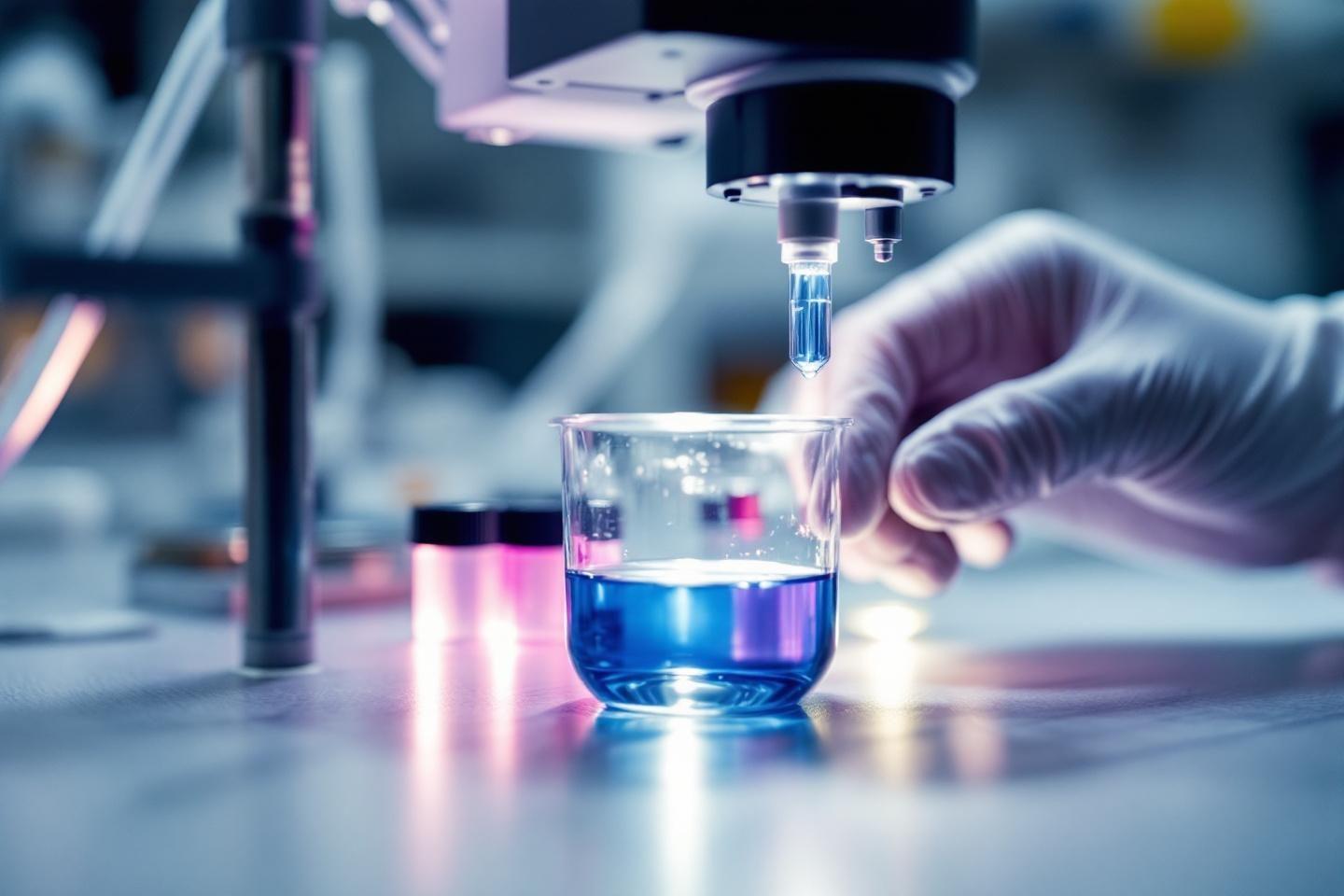 Gros plan sur une pipette ajoutant un liquide bleu