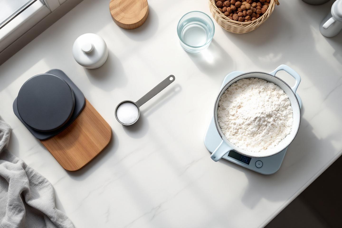 Ingrédients et ustensiles de cuisine sur un plan de travail blanc