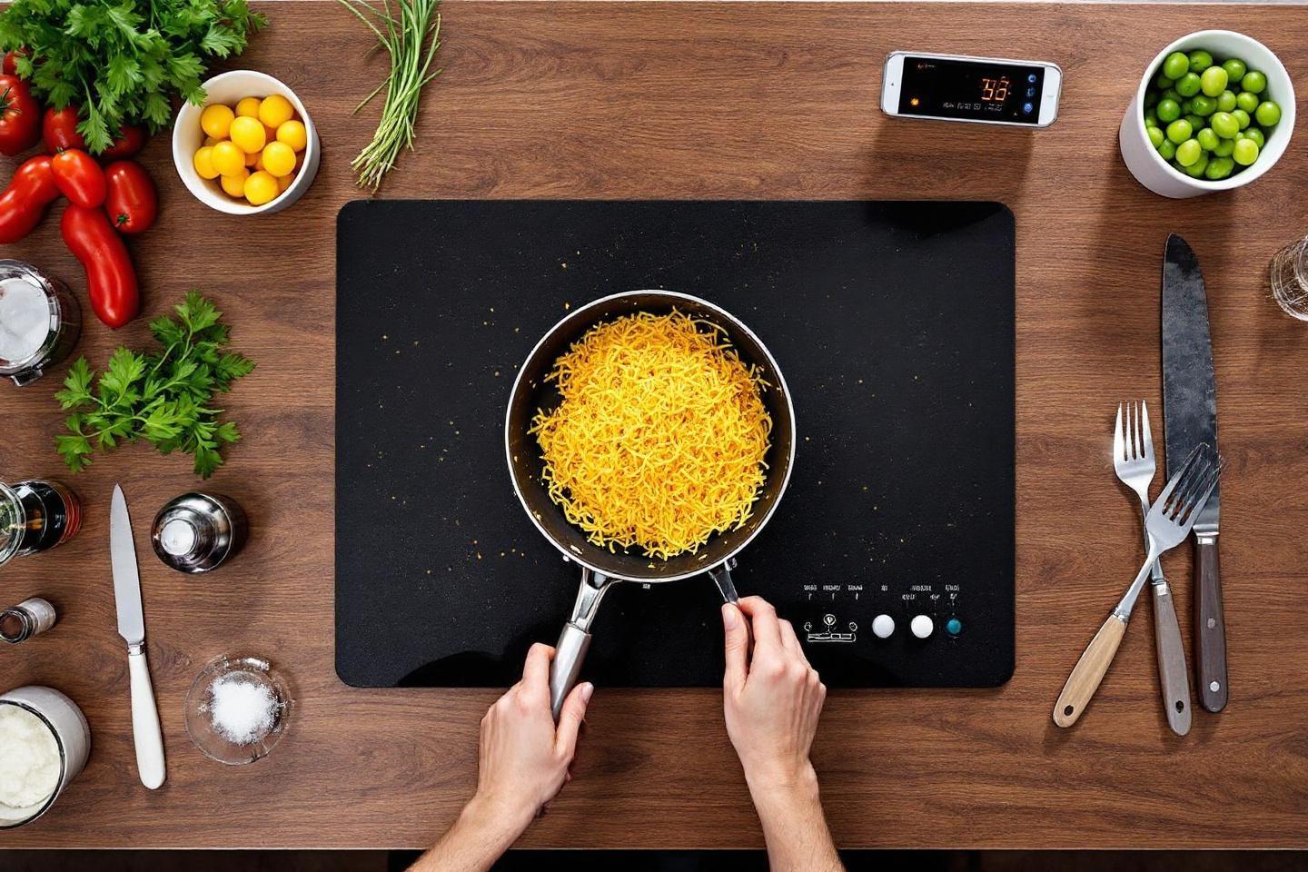 Mains cuisinant du riz jaune sur une plaque de cuisson