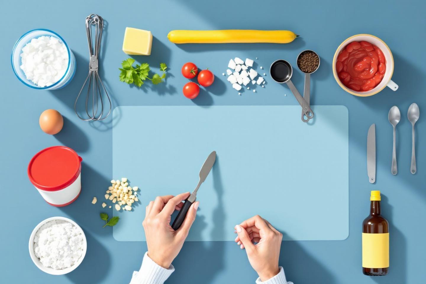 Ingr&eacute;dients et ustensiles de cuisine dispos&eacute;s pour une recette