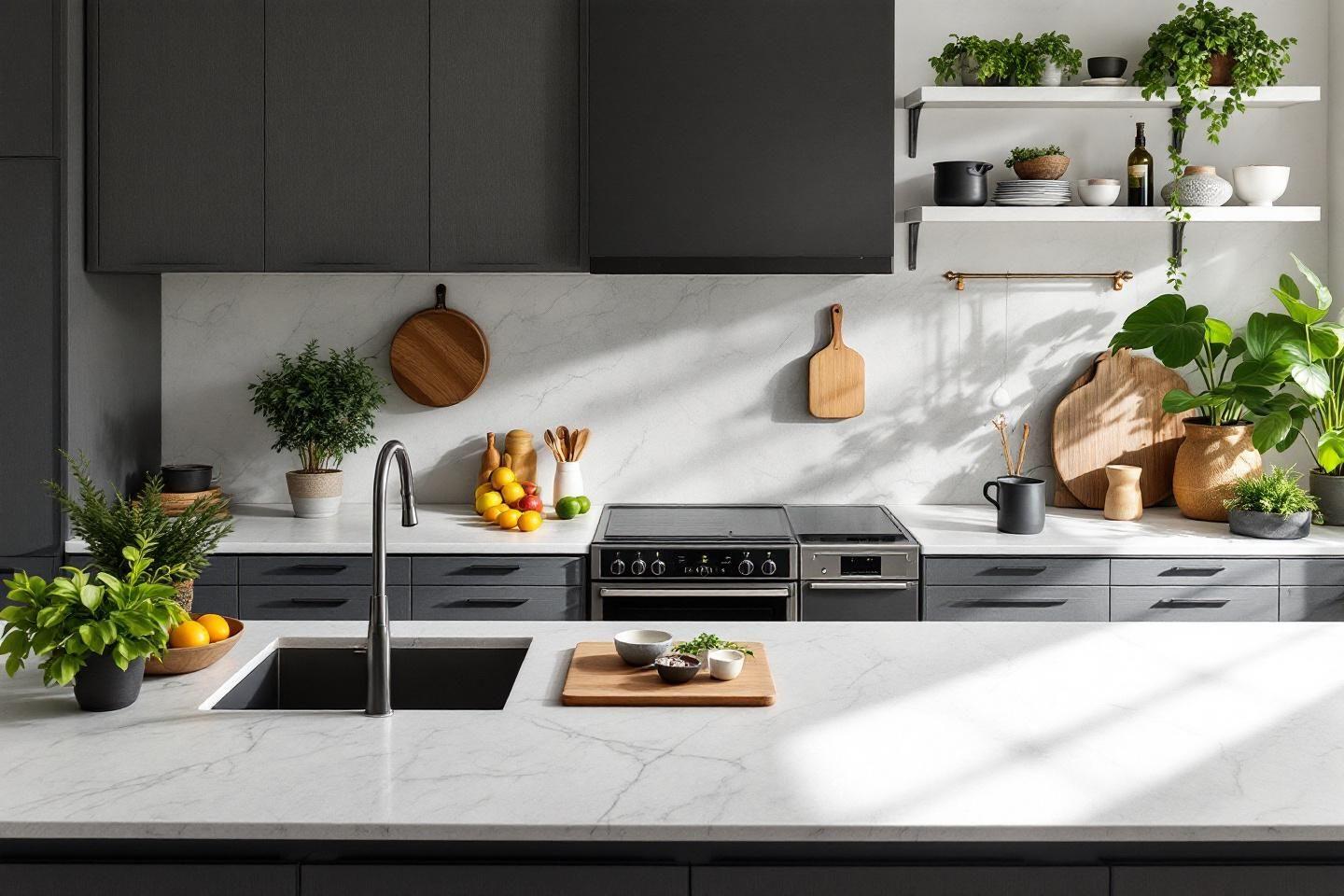 Cuisine grise et blanche avec &eacute;tag&egrave;res, plantes et ustensiles en bois