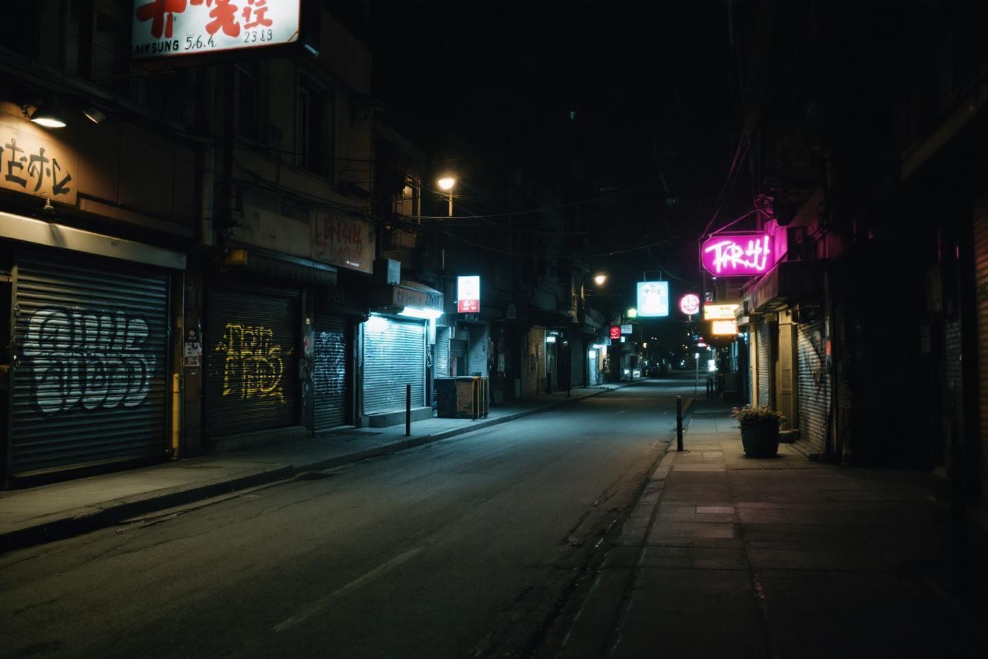 Ruelle urbaine sombre avec magasins ferm&eacute;s et n&eacute;ons color&eacute;s