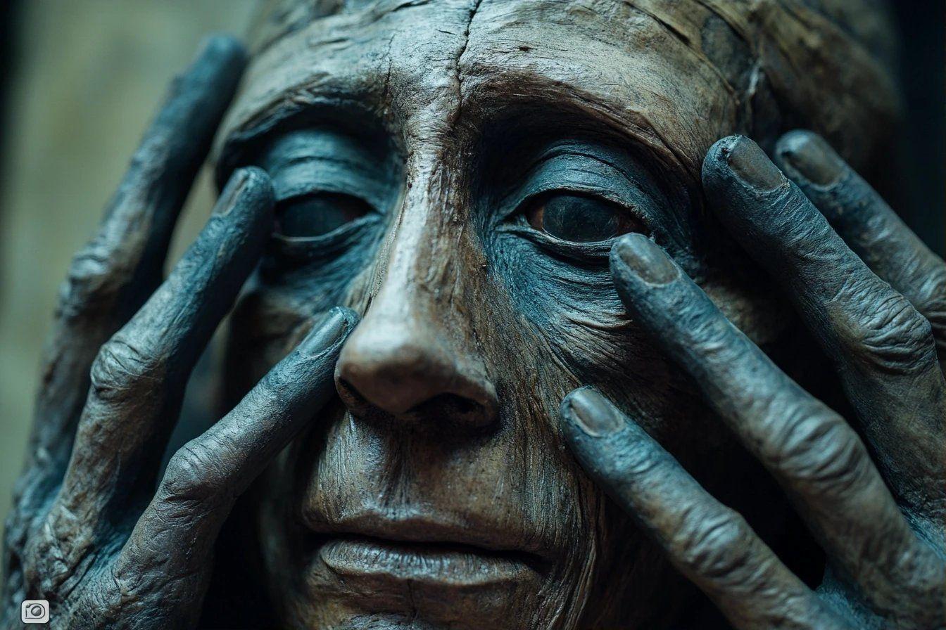 Sculpture d&eacute;taill&eacute;e d'un visage m&eacute;lancolique avec des mains sombres