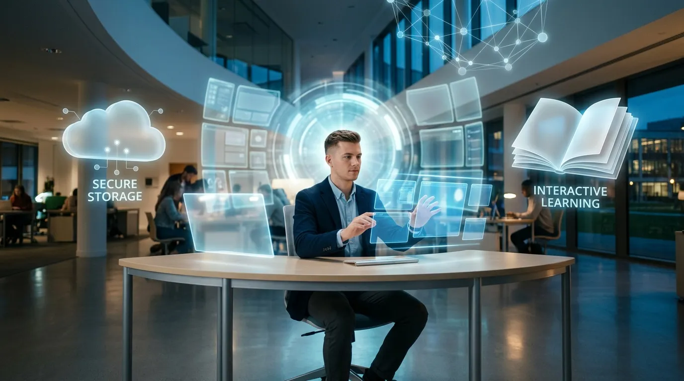 Homme d'affaires interagissant avec interfaces num&eacute;riques holographiques