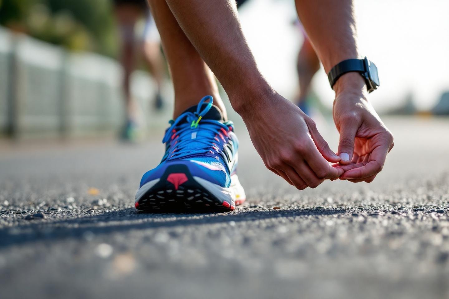 Gros plan sur chaussure de running et main qui se prépare