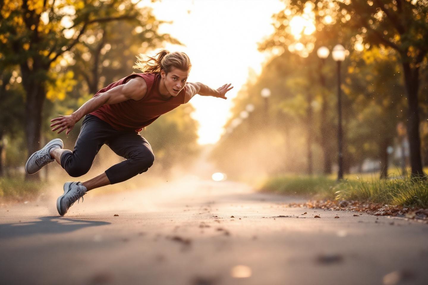 Sportif en action sur un chemin poussiéreux au coucher du soleil