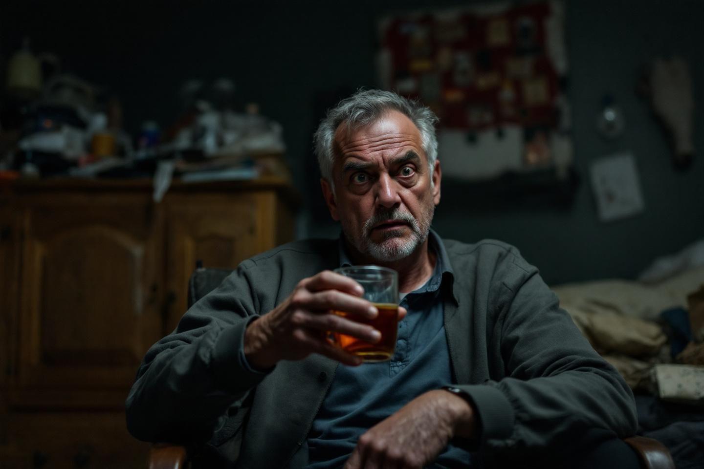 Vieil homme triste avec un verre, dans une pièce sombre
