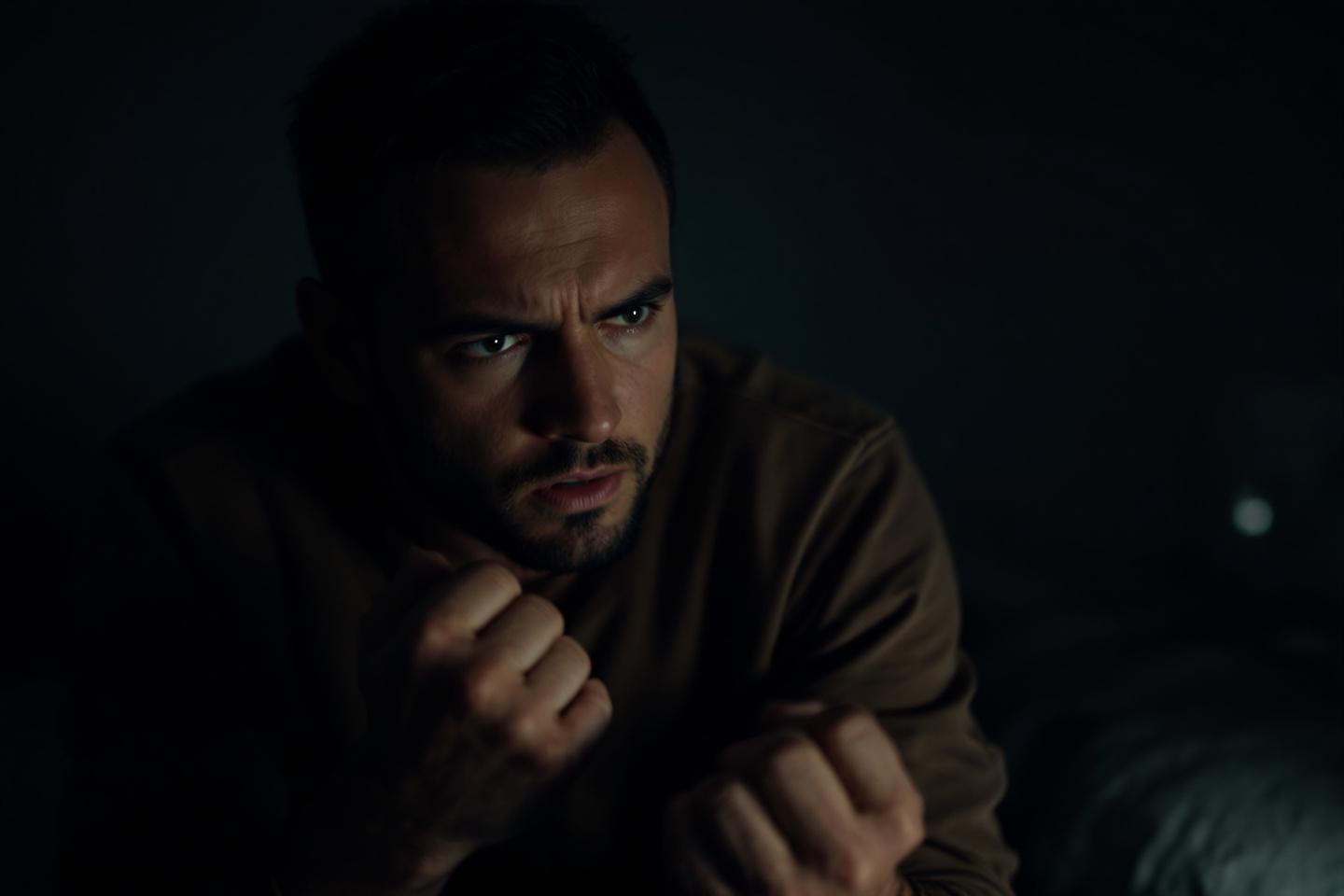 Visage sombre d'homme les poings serrés, regardant intensément