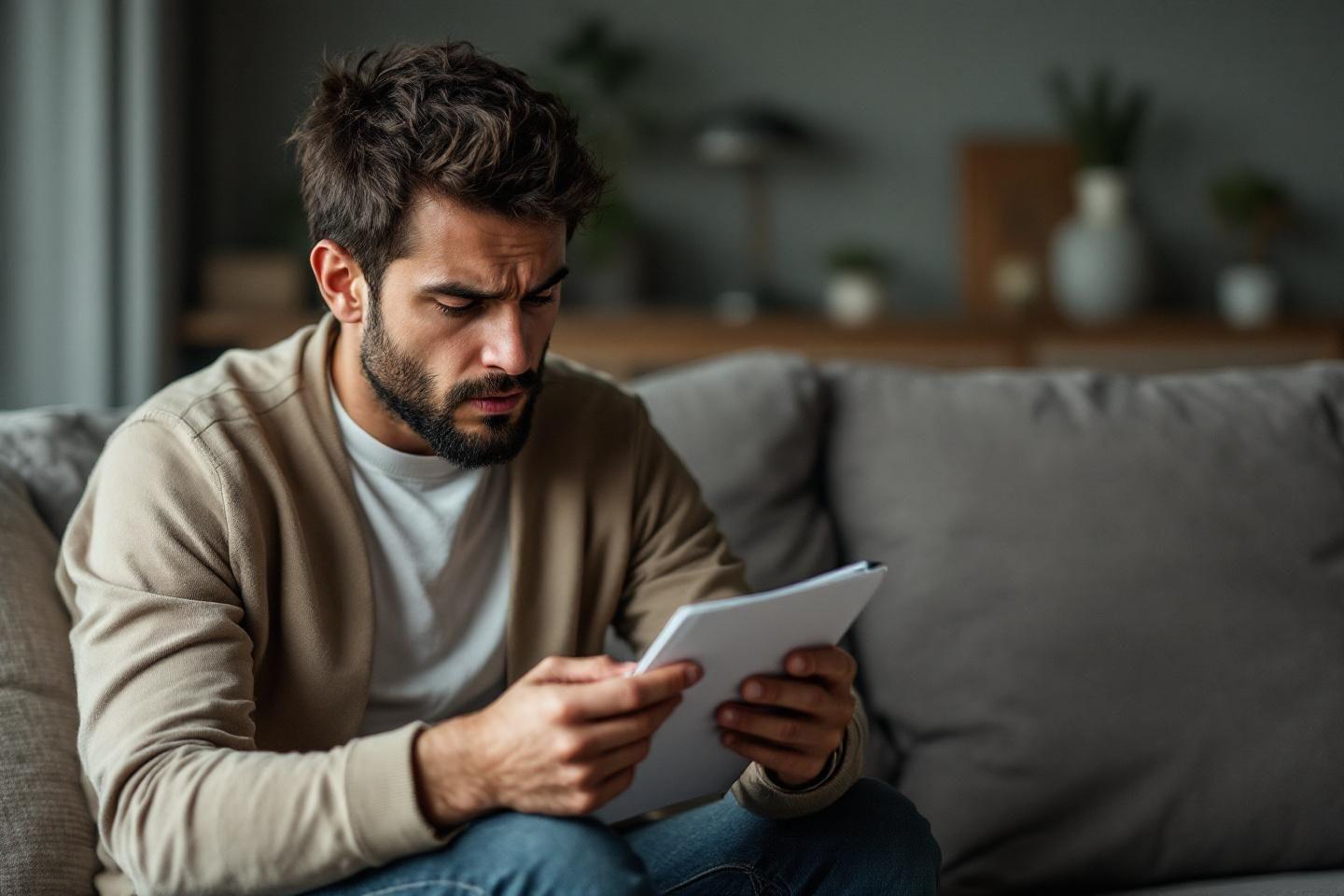 Homme assis sur canap&eacute;, regardant tablette avec expression pr&eacute;occup&eacute;e