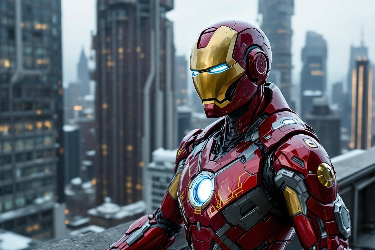 Armure rouge et or devant un paysage urbain futuriste