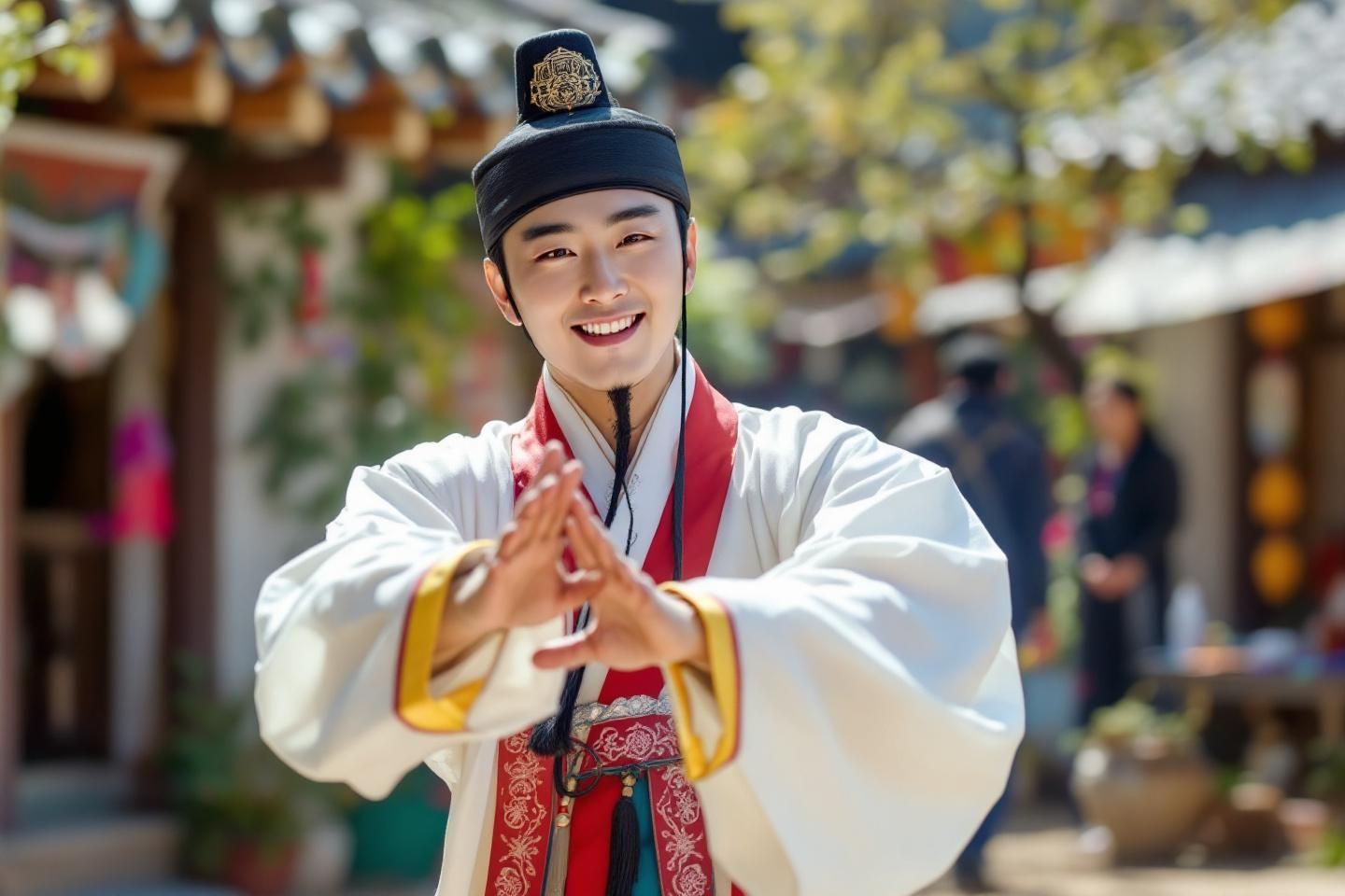 Un homme souriant porte un hanbok dans un cadre traditionnel