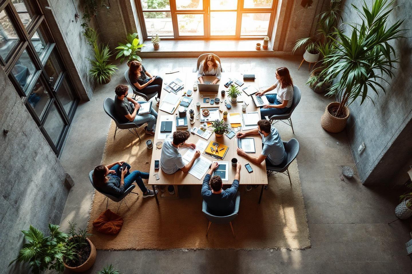 Groupe travaillant ensemble autour d'une table lumineuse avec plantes