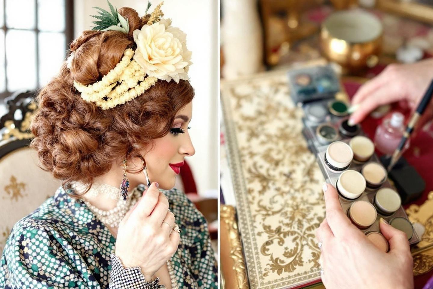 Femme aux cheveux boucl&eacute;s avec fleurs, makeup et outils de beaut&eacute;