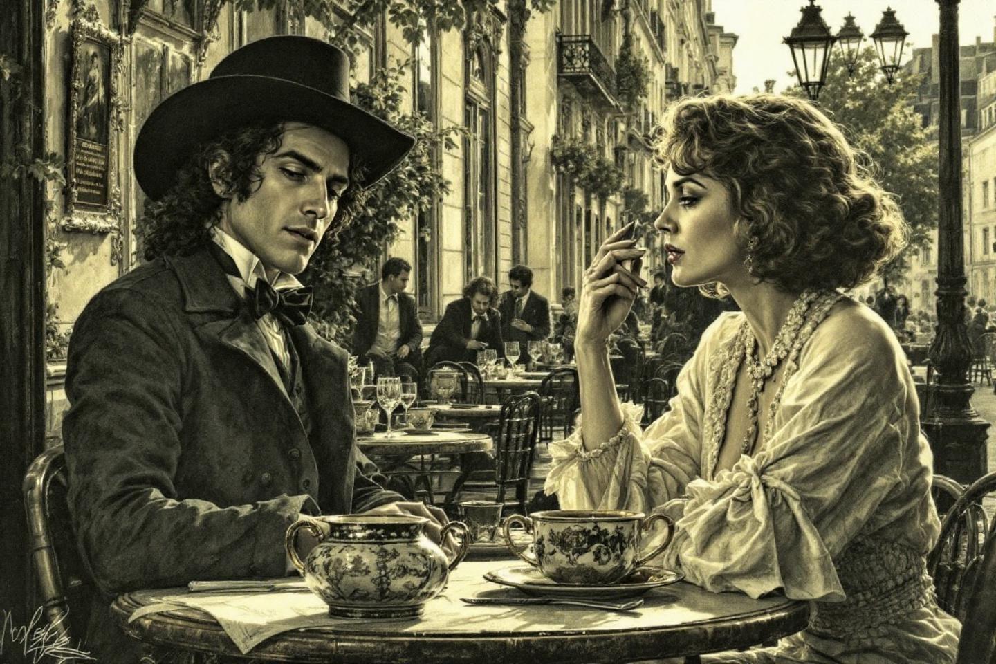 Deux personnages en costume d'&eacute;poque attabl&eacute;s dans un caf&eacute;