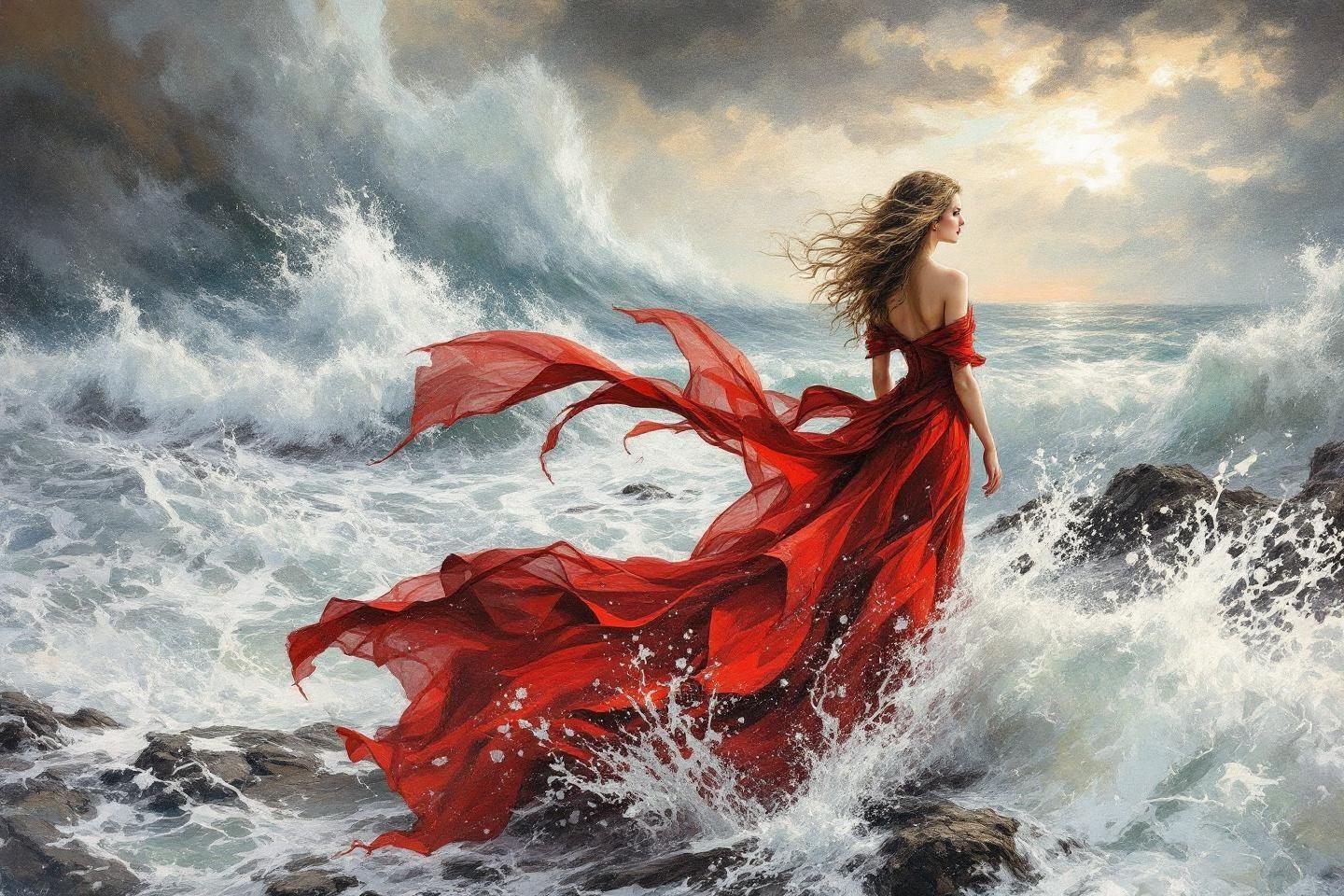 Femme en robe rouge sur des rochers battus par les vagues