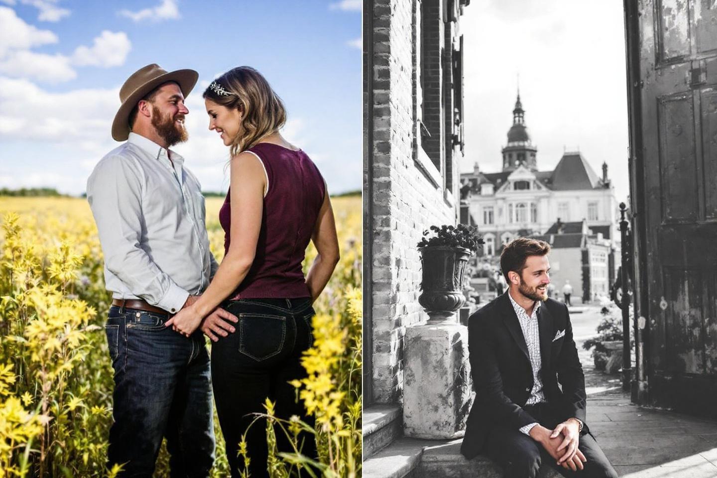 Deux portraits d'un couple amoureux, champêtre et urbain