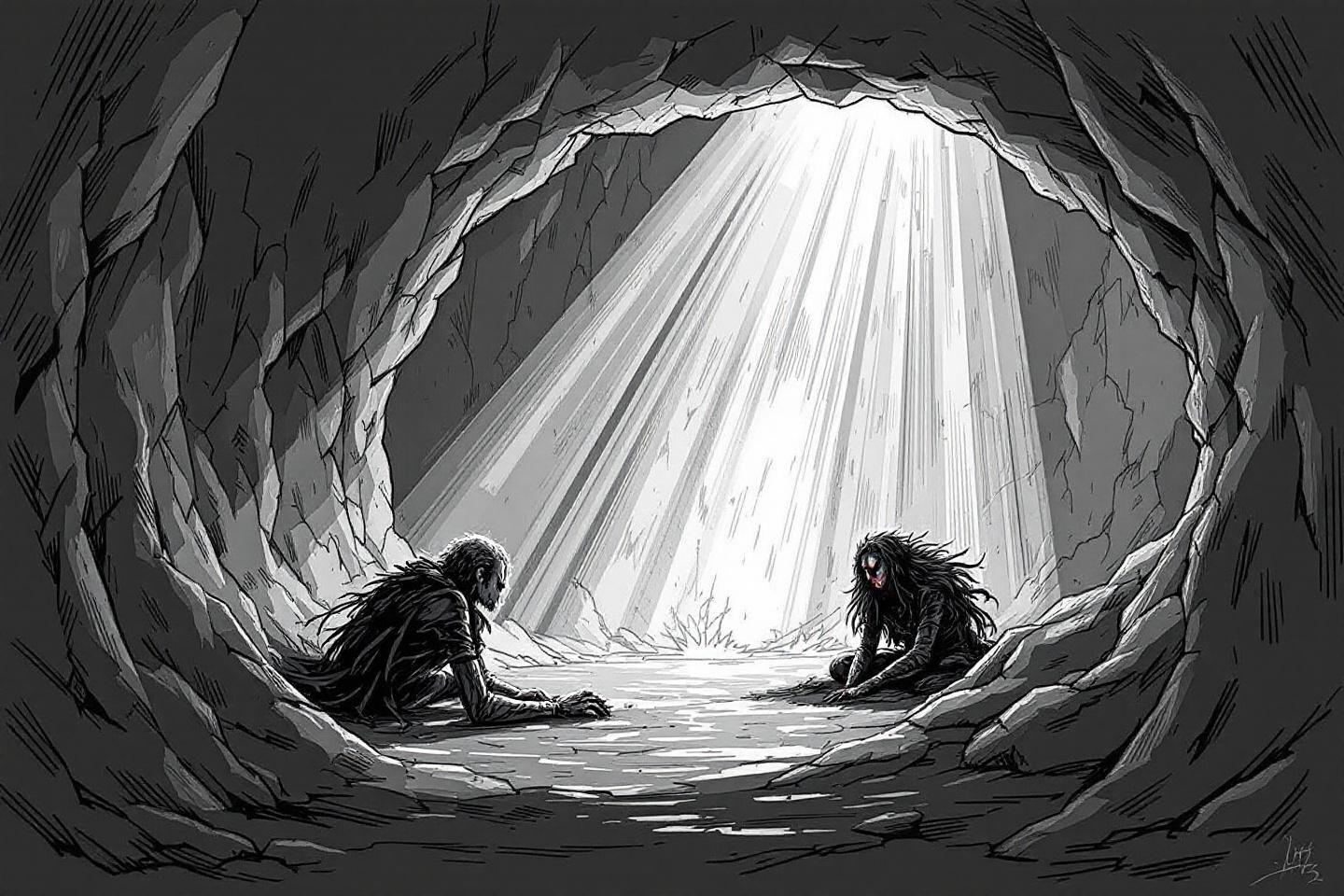Deux silhouettes mystérieuses dans une caverne éclairée