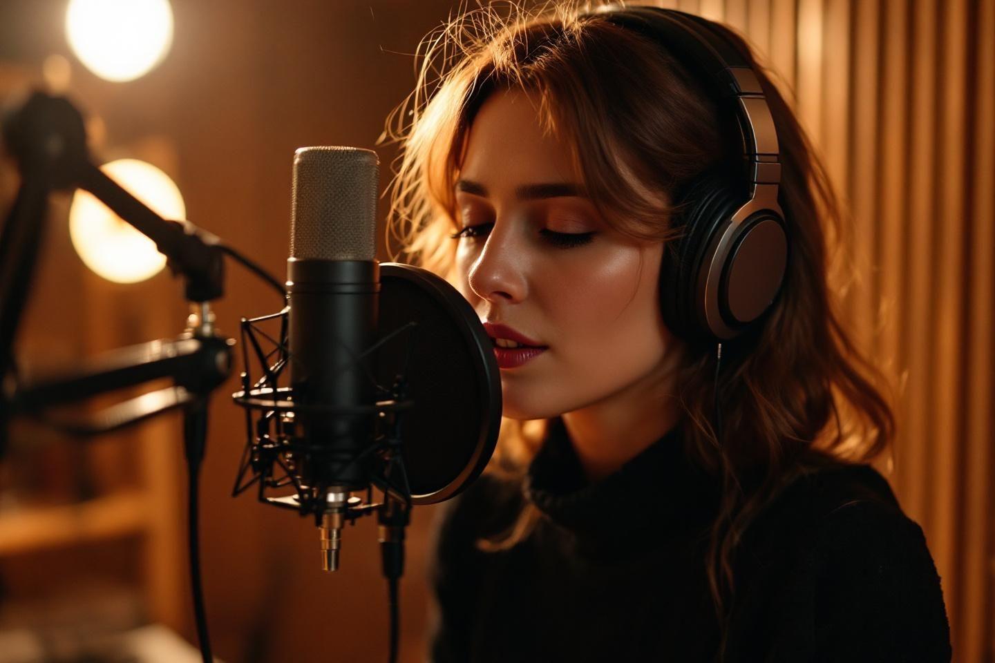 Chanteuse avec casque devant un microphone professionnel