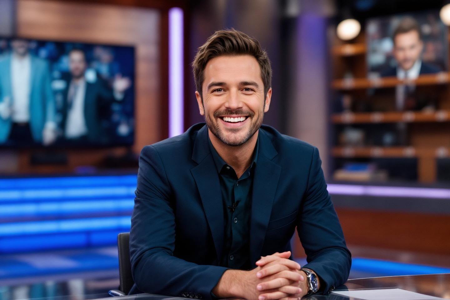 Homme élégant souriant assis sur un plateau de télévision