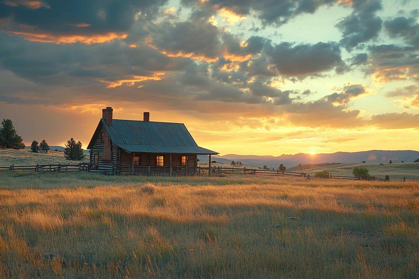 Cabane en bois dans une prairie paisible au crépuscule